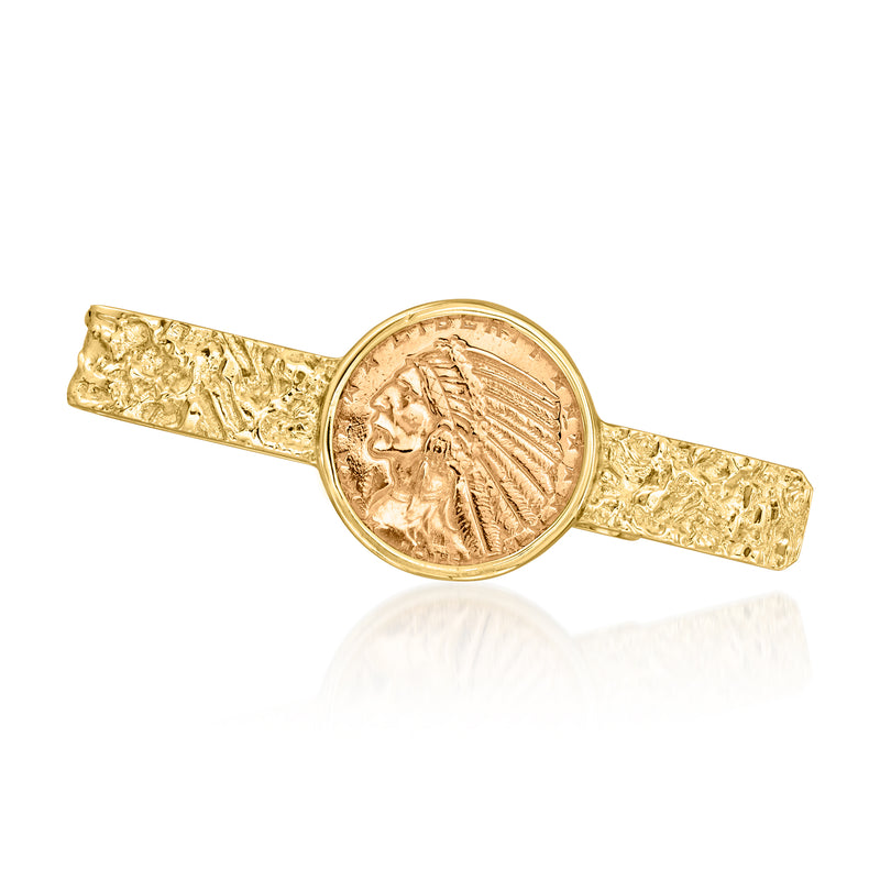Vintage yellow gold coin money clip with textured bar and round profile coin
