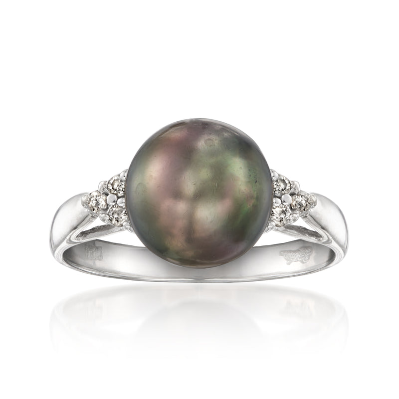 Vintage cultured pearl and diamond ring in white gold, round dark pearl with side halos