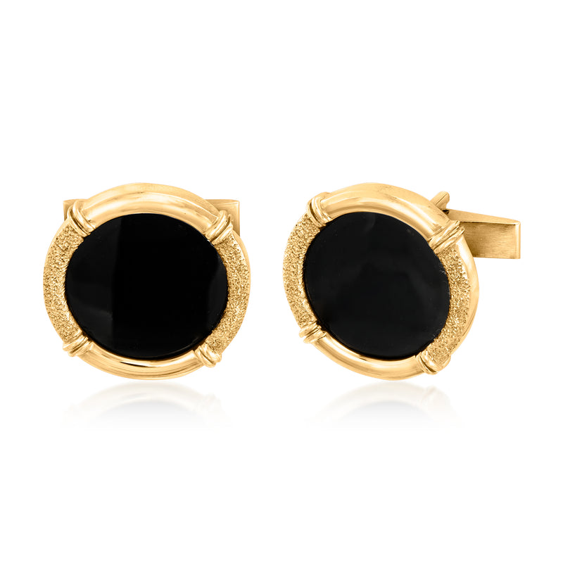 Round onyx cuff links in 14kt yellow gold, black stone set in gold bezel