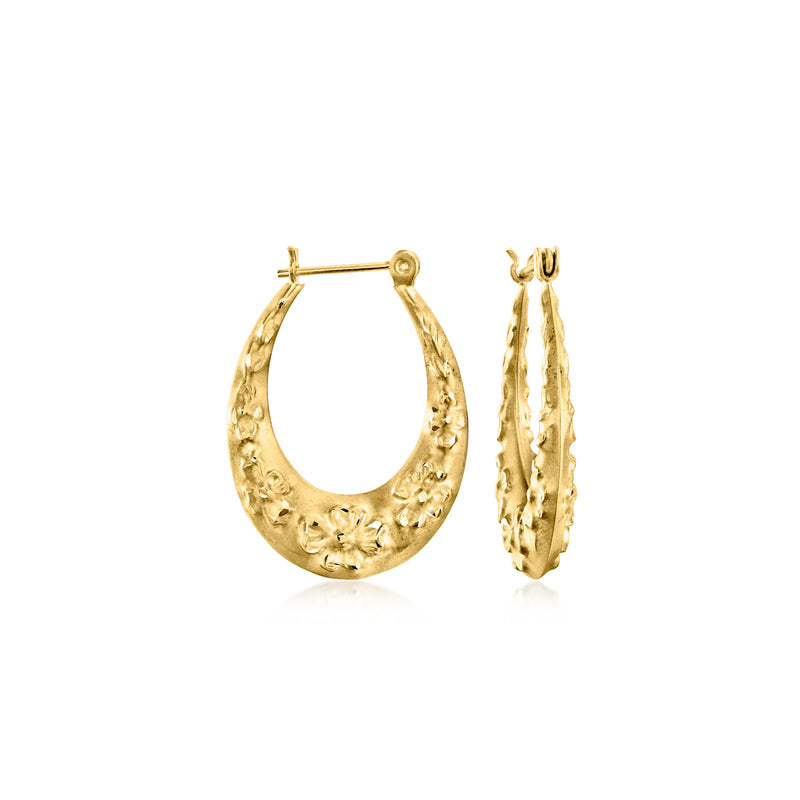 14kt yellow gold floral-engraved hoop earrings, front and back view