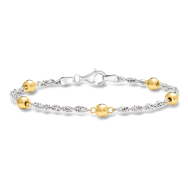 Silver rope-chain bracelet with round gold bead stations and spring clasp