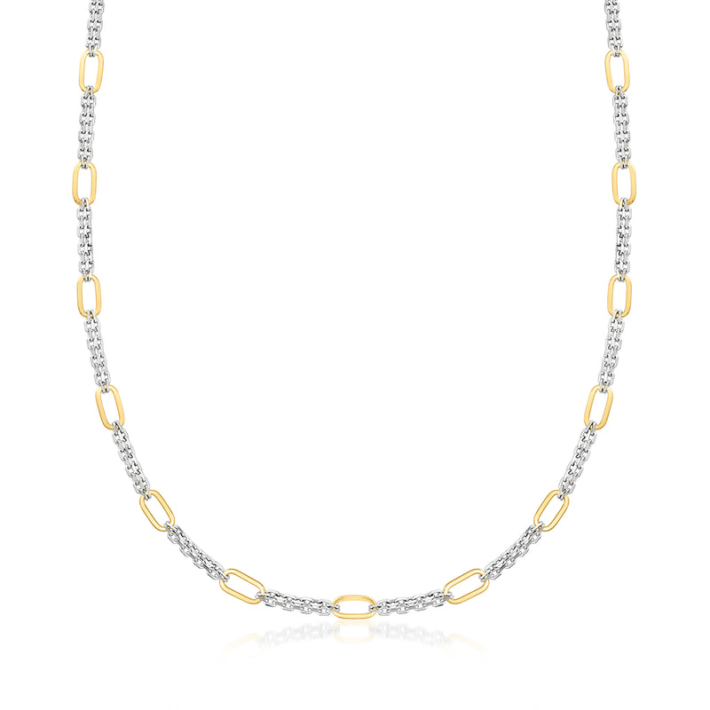 Link station necklace with sterling silver chain and 18kt gold over oval links