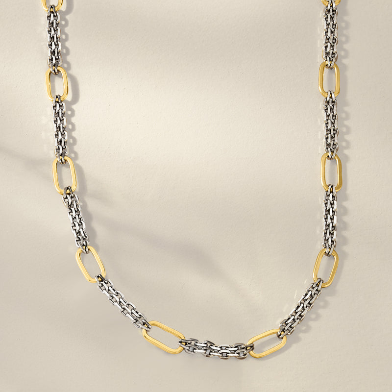 Alternating silver chain and 18kt gold over oval links necklace