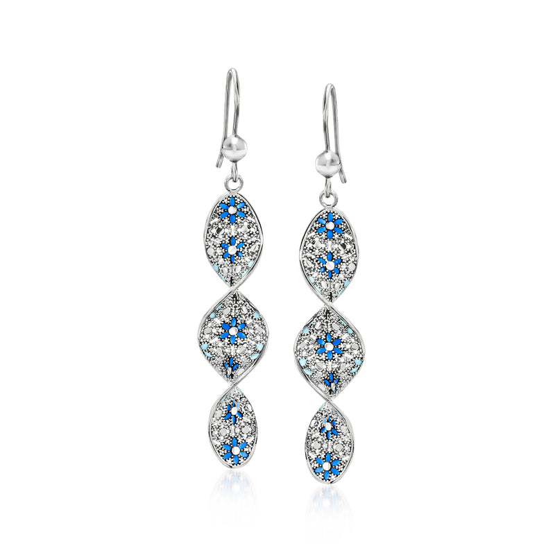Sterling silver blue enamel floral twisted drop earrings, three oval tiers