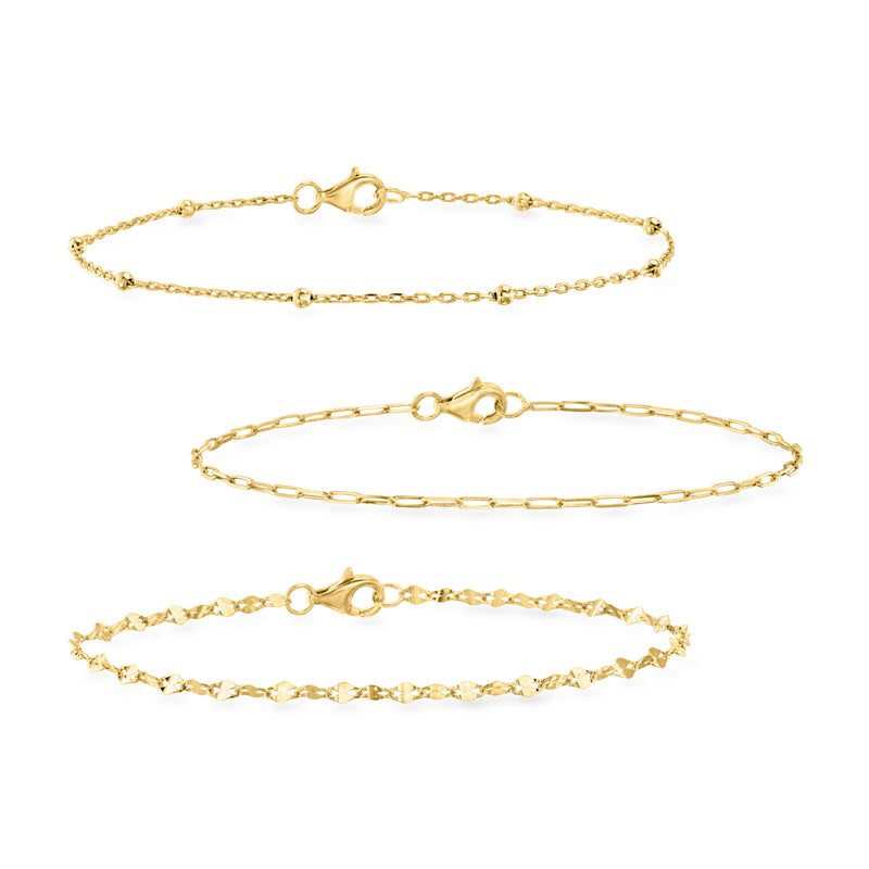 Gold-tone bracelet set of three chain styles with clasp closures