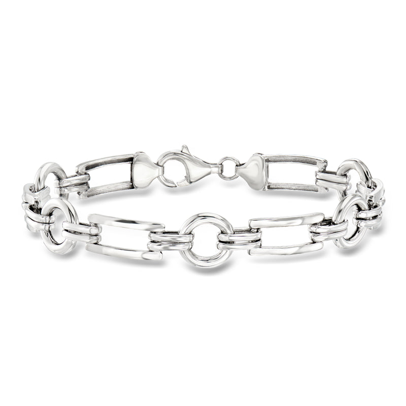 Sterling silver bracelet with rectangular and circular link chain, polished shine