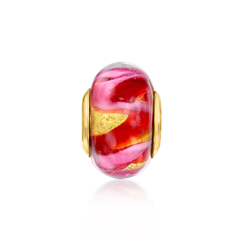 Murano glass bead charm with red and pink swirl pattern and gold-tone capped ring