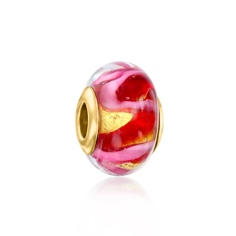 Red and pink Murano glass bead charm with gold-tone end caps, side view
