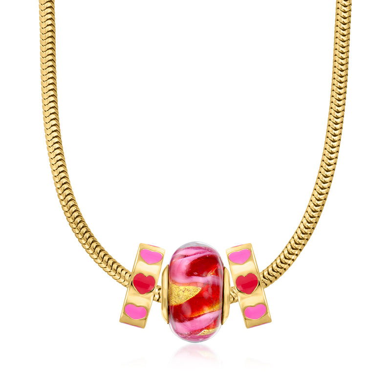Front view gold-tone necklace with red and pink Murano glass charm and heart dangle details