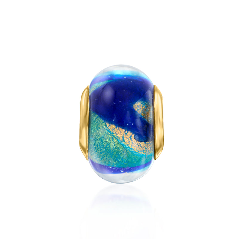 Blue and gold Murano glass bead charm with gold-toned metal loop