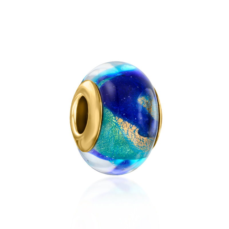 Blue and gold Murano glass bead charm with gold-toned side ring