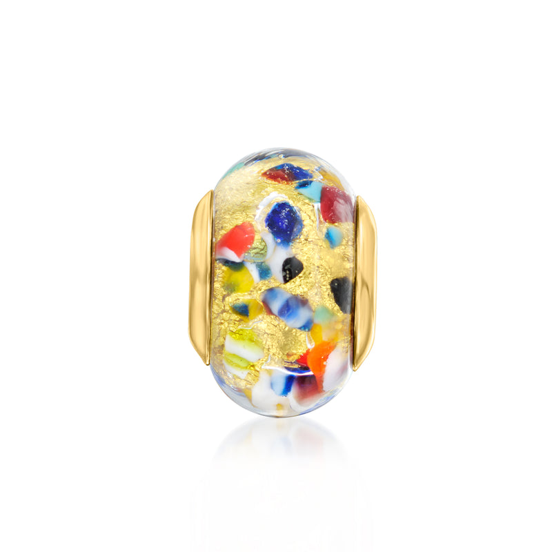 Multicolored Murano glass bead charm with gold cap, blue red yellow speckles