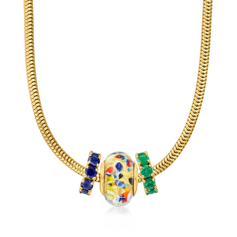 Gold chain necklace with multicolored Murano bead charm and blue/green side accents