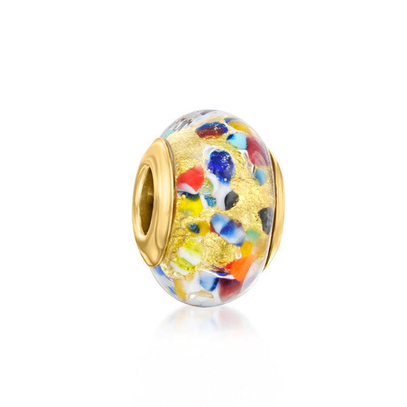 Multicolored Murano glass bead charm with gold end cap, colorful abstract dots