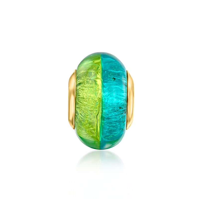Green and teal Murano glass bead charm with gold-tone caps, oval design