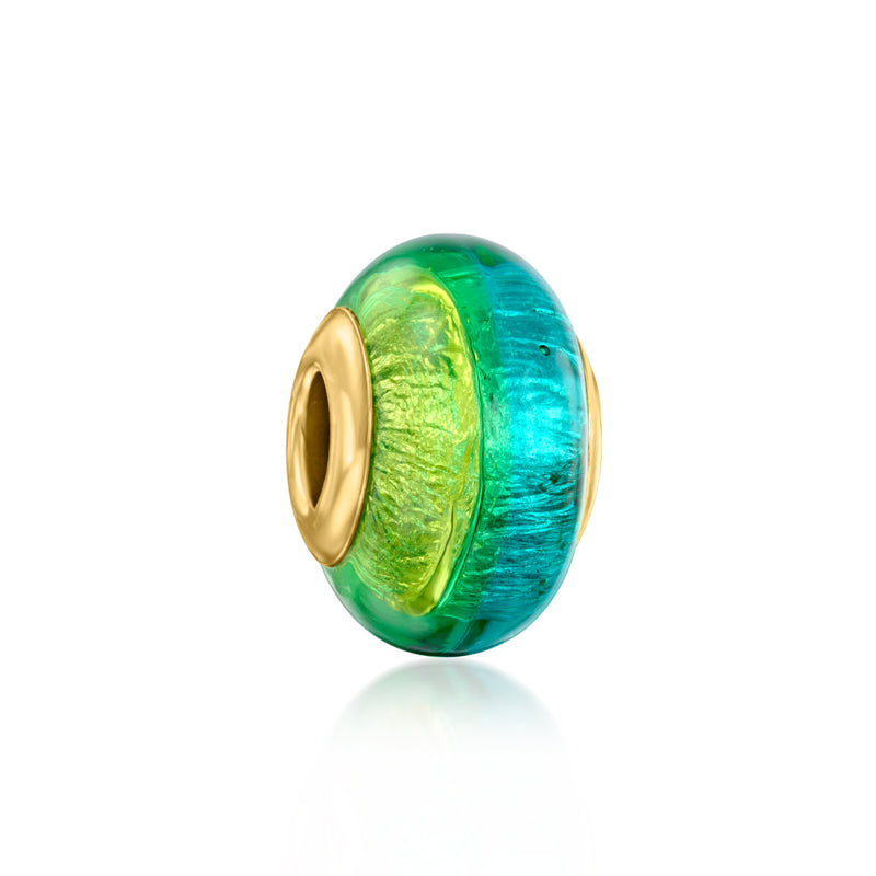 Oval Murano glass bead charm in green and teal swirls with gold end cap