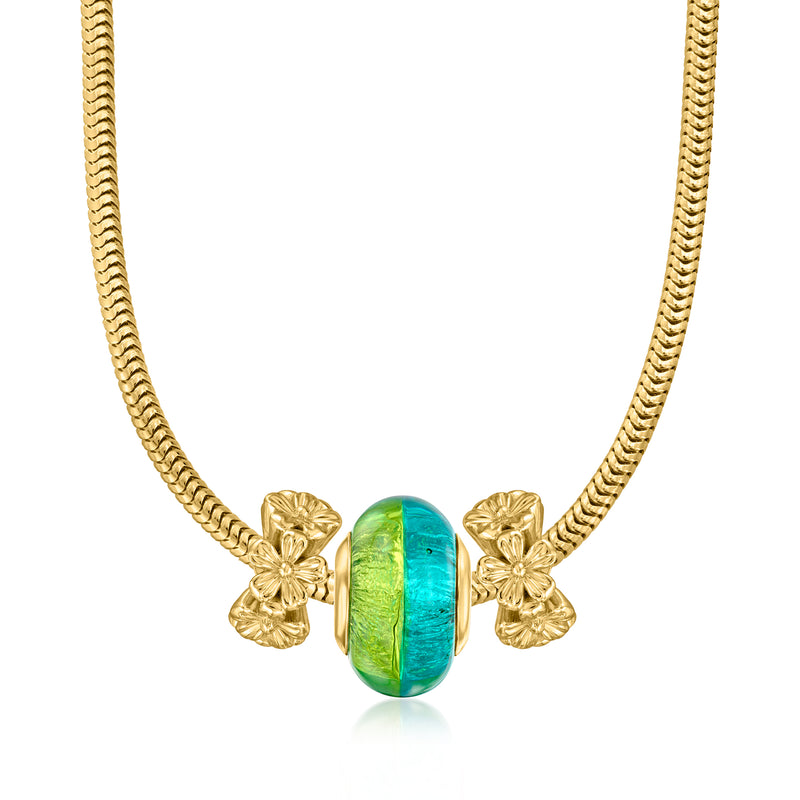 Gold necklace with green and teal Murano glass bead center and floral accents