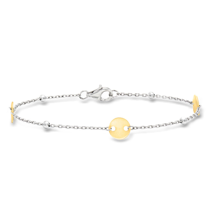 Sterling silver bracelet with gold disc station and bead accents, chain clasp