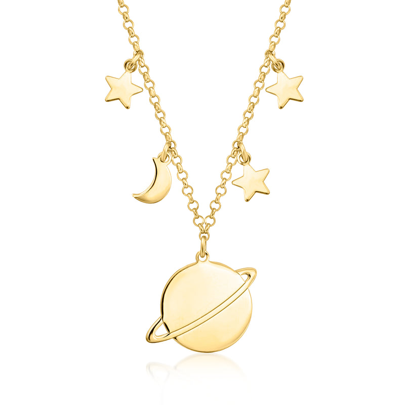 18kt gold over sterling celestial necklace with planet, moon crescent, and star charms