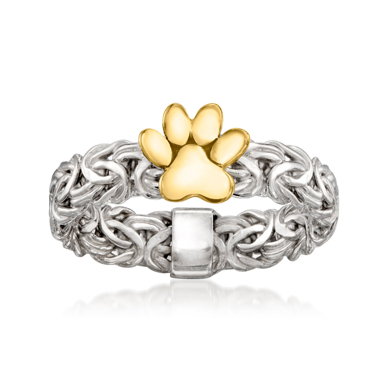 Paw print ring with gold-tone paw on Byzantine chain-link band, silver-tone