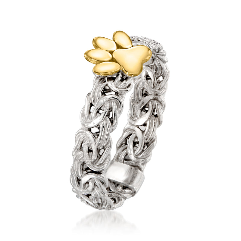 Paw print ring, gold-tone paw detail on silver-tone Byzantine chain-link band