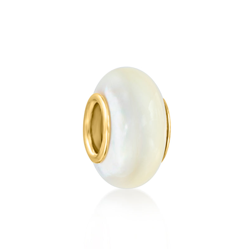 Mother-of-pearl bead charm with 18kt gold over sterling gold end rings, side view