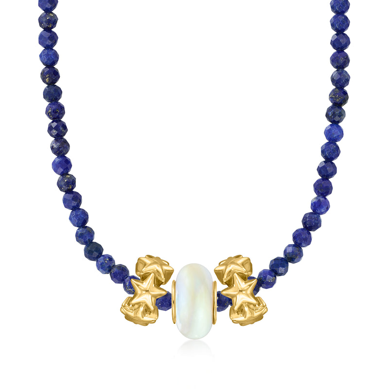 Mother-of-pearl bead charm centerpiece with lapis-blue beads and gold caps