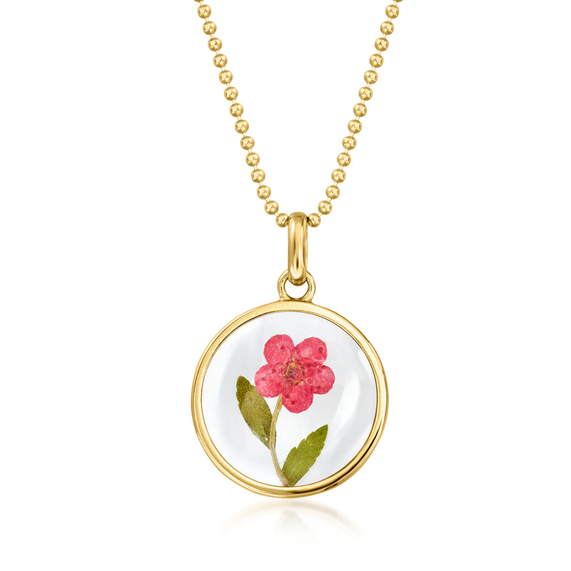 Gold-tone pendant necklace with round red flower glass locket and gold chain