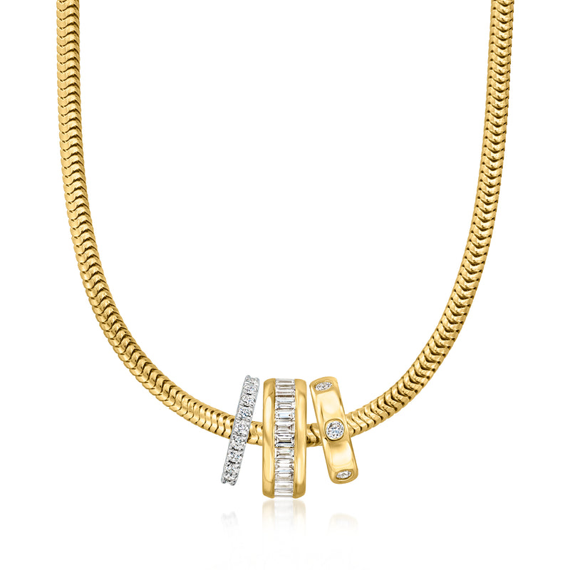 Gold rope necklace with baguette diamond bead charm and small round stone accents