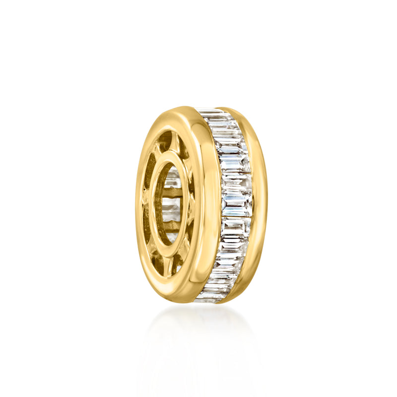 Gold diamond bead charm with baguette stones, shown from the side