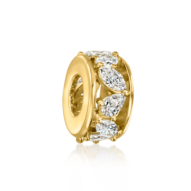 Lab-grown diamond bead charm with gold ring back and three marquise stones
