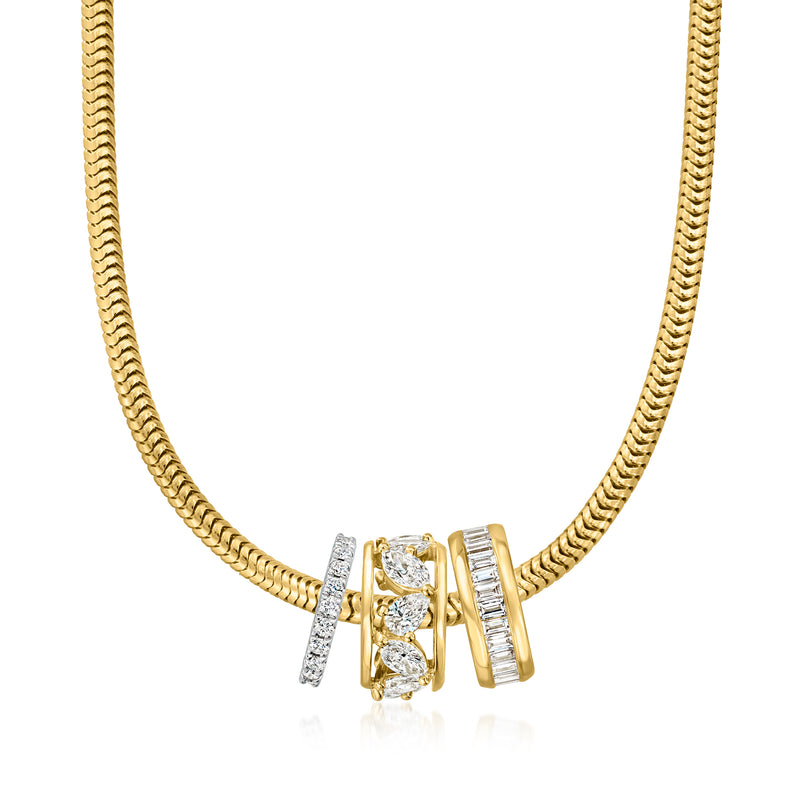 Gold rope necklace with lab-grown diamond bead charm, marquise stones in gold settings