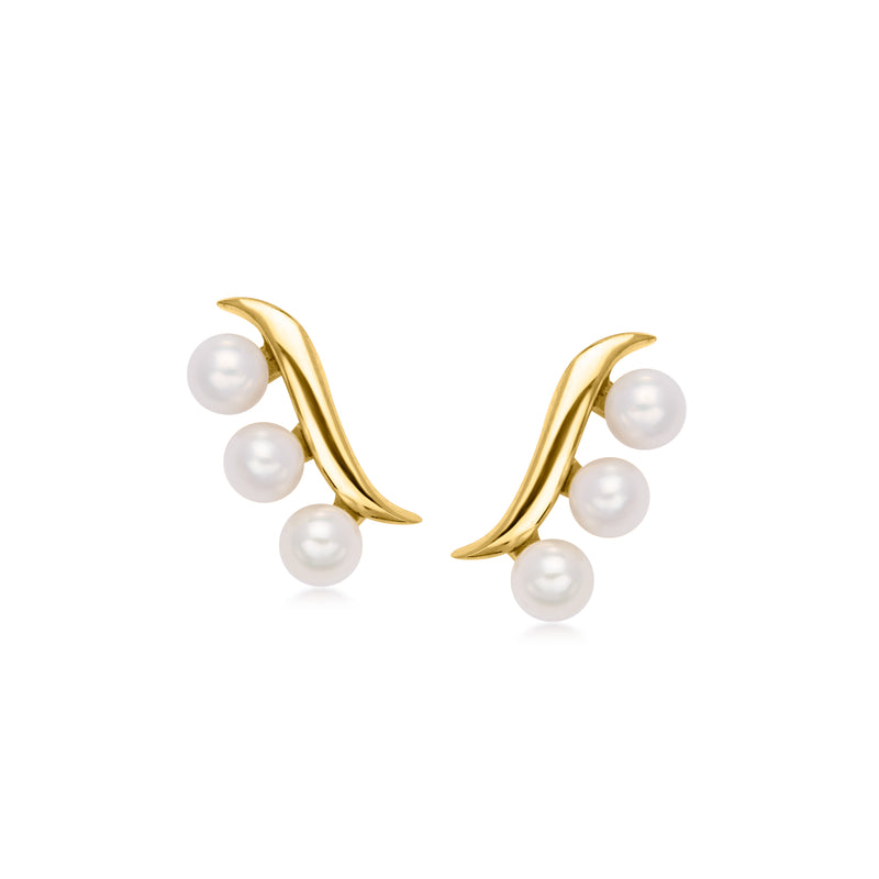 14kt yellow gold curved post earrings with three cultured white pearls