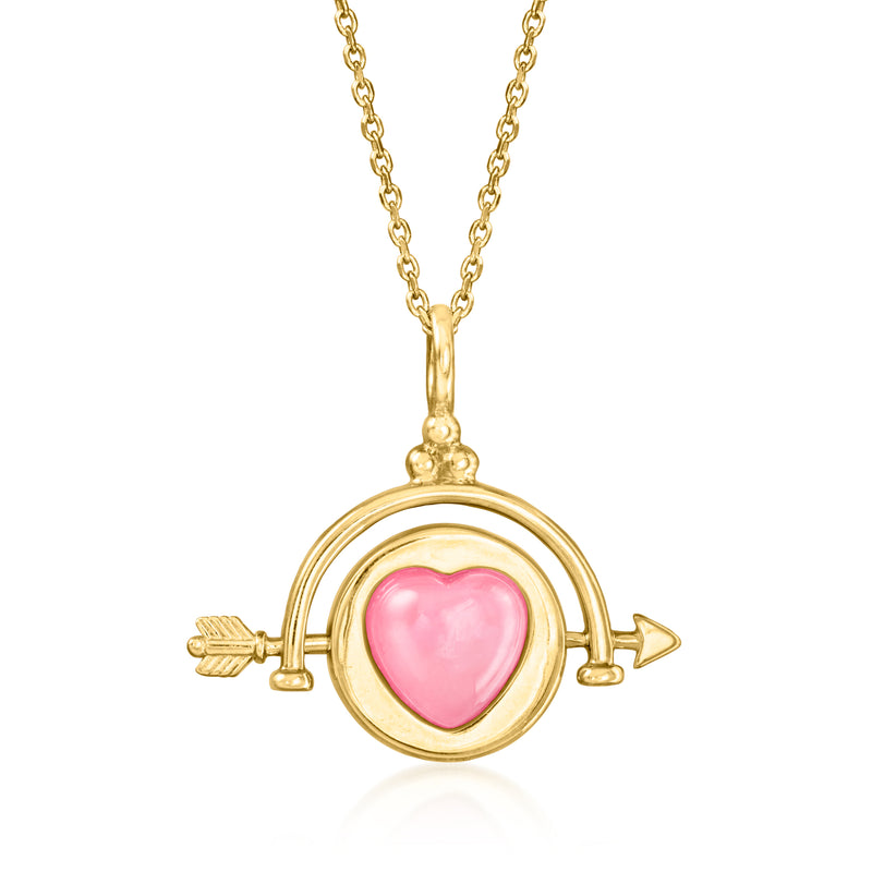 Reversible gold over sterling heart pendant necklace with pink jade center and arrow details