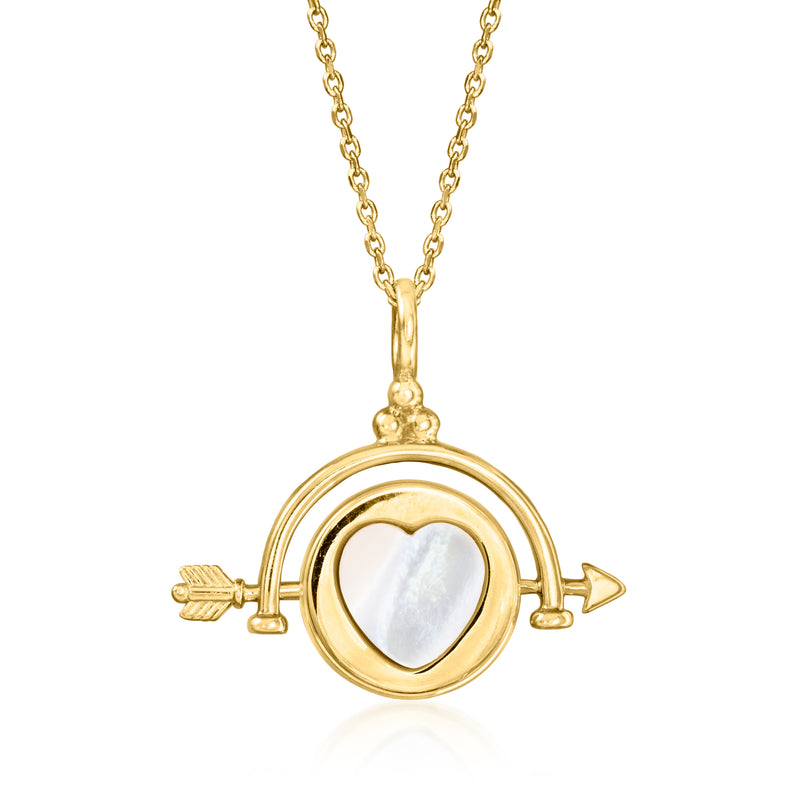 Reversible pendant necklace with white mother-of-pearl heart in a round gold frame