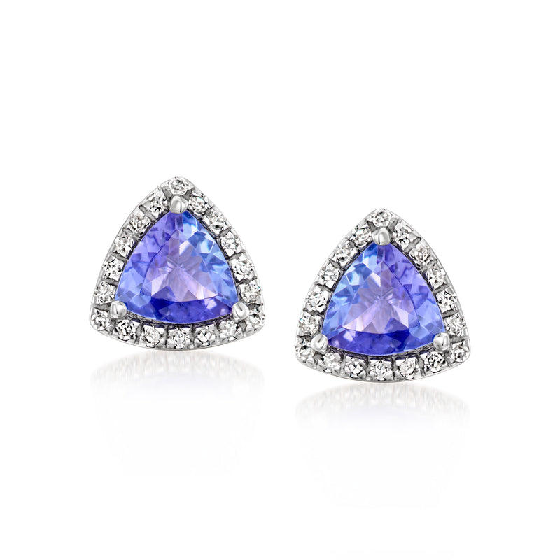 Vintage tanzanite stud earrings with diamond halo, post backs, 14kt white gold