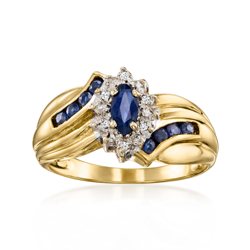10kt yellow gold ring with oval blue sapphires and diamond cluster halos