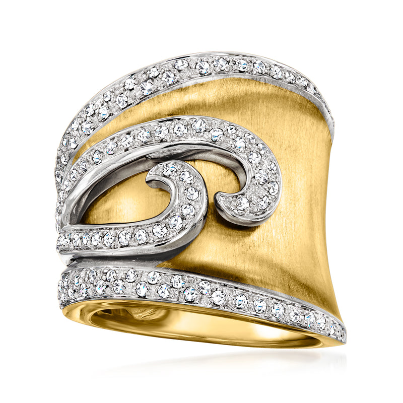 Two-tone gold swirl ring with pave-set diamonds, curved open band design