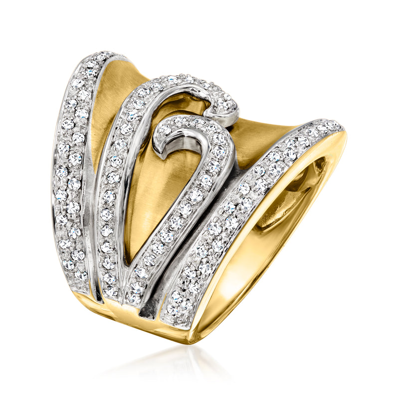 Two-tone gold swirl ring with diamond pave, open V-shaped band