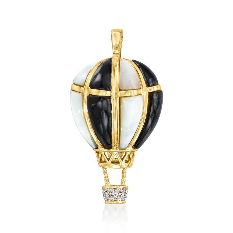 Hot air balloon pendant: 14kt yellow gold with black onyx and mother-of-pearl panels