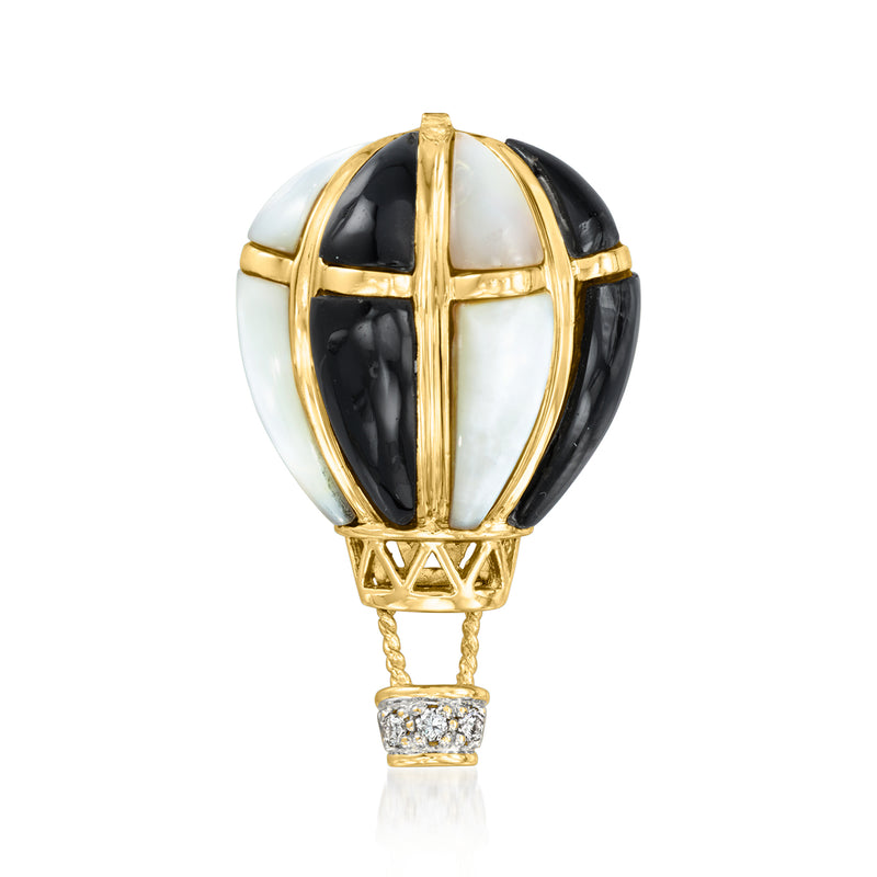 Hot air balloon pendant with black/white inlay, diamond-accent basket, 14kt yellow gold