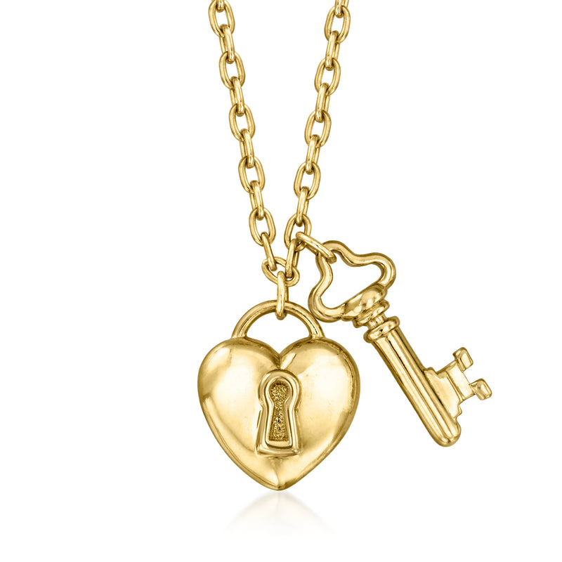 18kt yellow gold heart locket and key necklace with heart clasp and chain