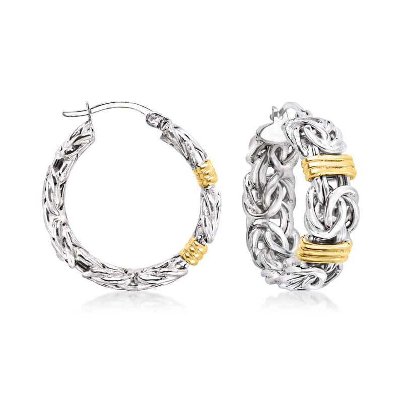 Sterling silver Byzantine hoop earrings with 18kt gold bar stations and hinge backs