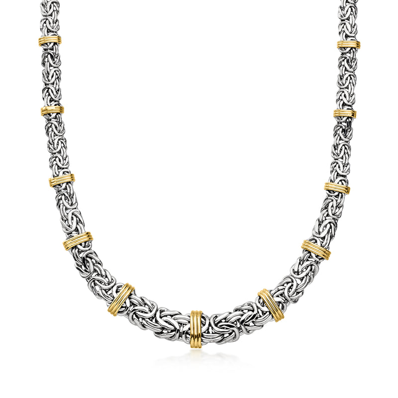 Sterling silver chain necklace with graduated Byzantine links and gold accents
