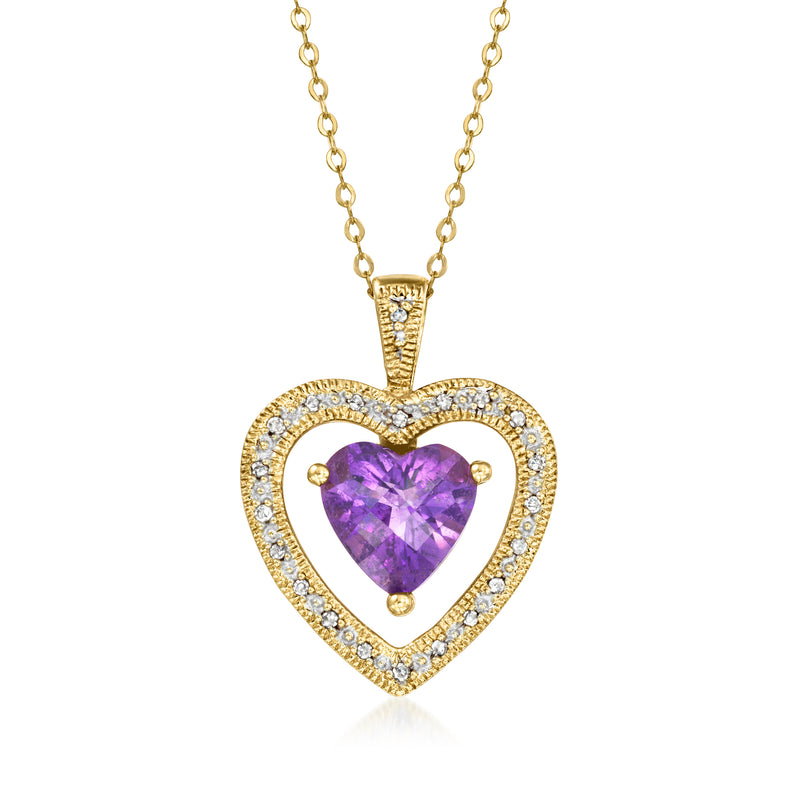 10kt yellow gold heart pendant necklace with purple amethyst and diamond halo