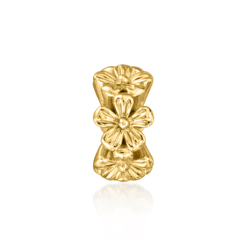 Gold over sterling flower bead charm, triple flower design in shiny gold finish