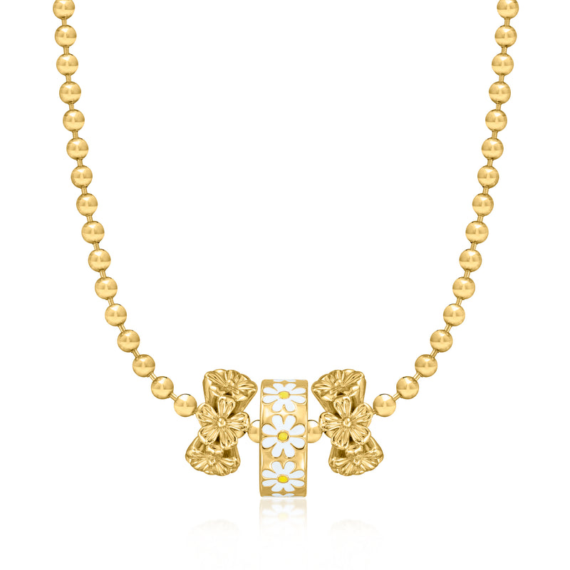 Gold bead necklace with three flower charms and a rectangular floral center bead