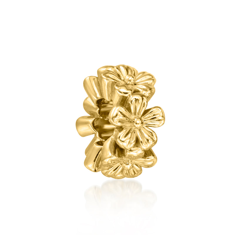 Gold over sterling flower bead charm with layered petal flowers in polished gold finish