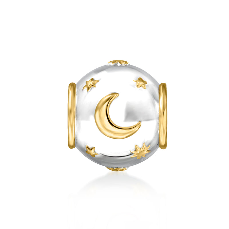 Moon-and-star charm on round white enamel bead with gold side loops and stars