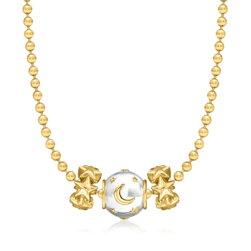 Beaded gold necklace with center moon-and-star charm and gold star spacers